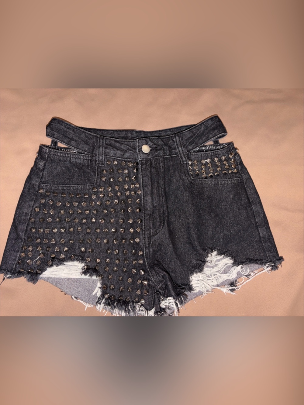Black Denim Shorts Studded High Rise Cut-Off  Cut Outs Punk Goth Grunge Edgy